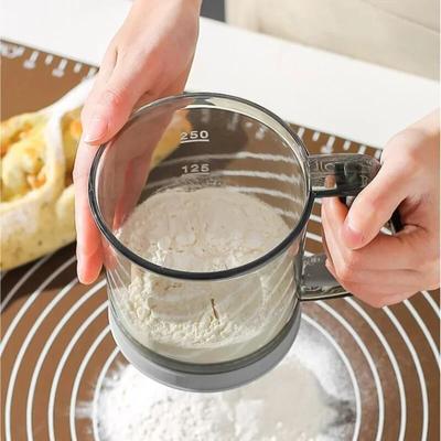 Semi-automatic Flour Sifter with Measuring Scale Household Stainless Steel Fine Mesh Strainer Kitchen Cup Pastry Baking Tool