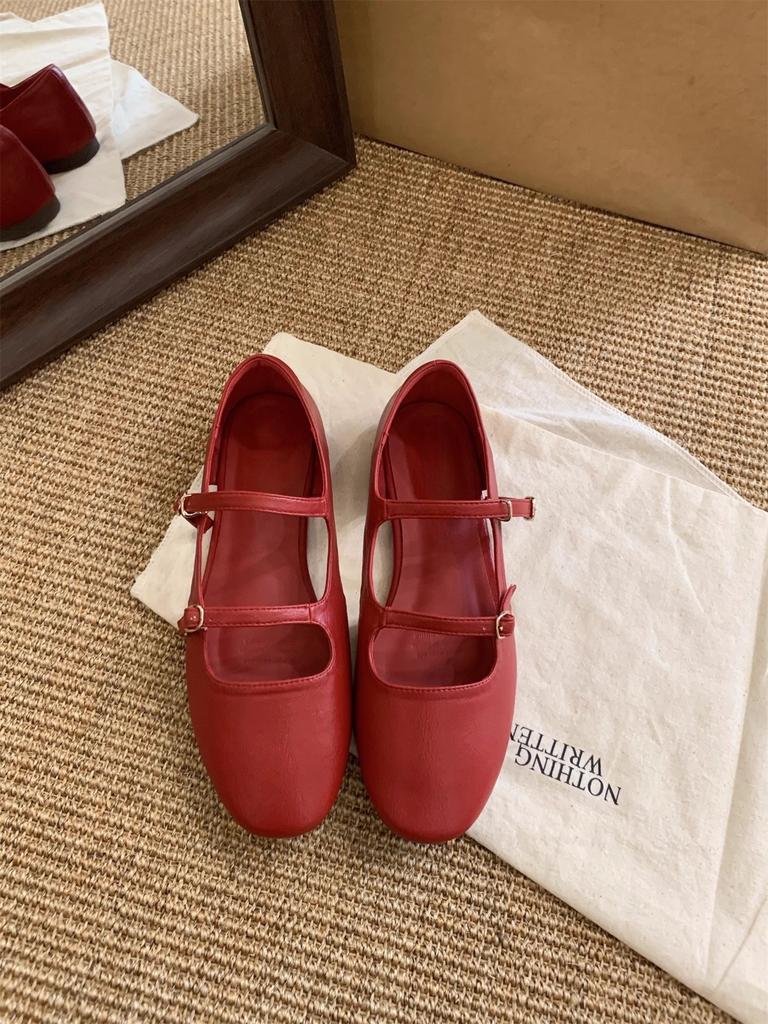 Flat French small red Mary Jane single shoes shoes 2025 summer with skirt wedding shoes ballet evening shoes