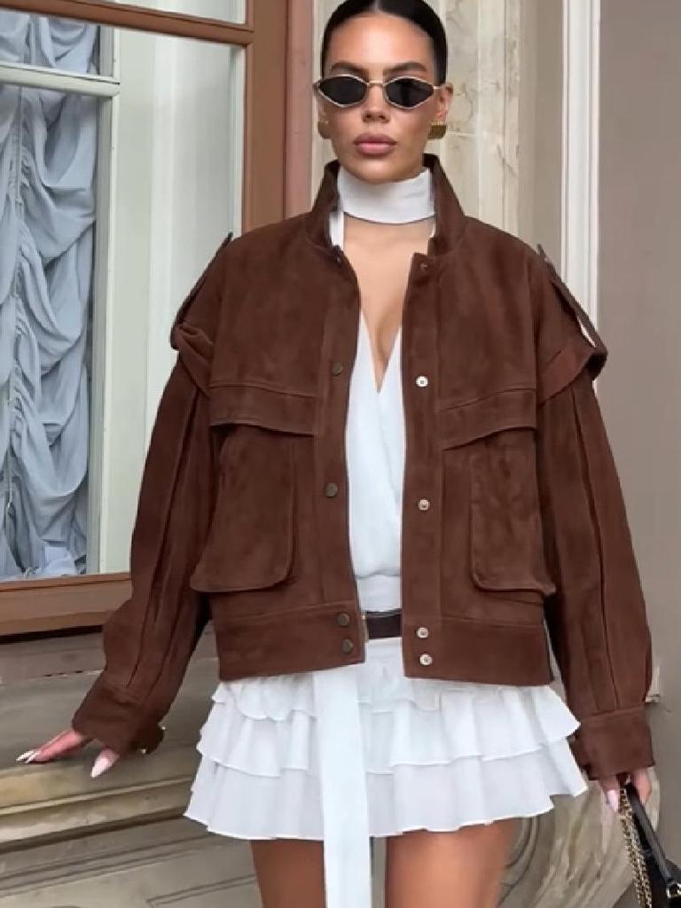 2025 Autumn/Winter European & American Melaude Suede Long Sleeve Pocket Loose Jacket for Women