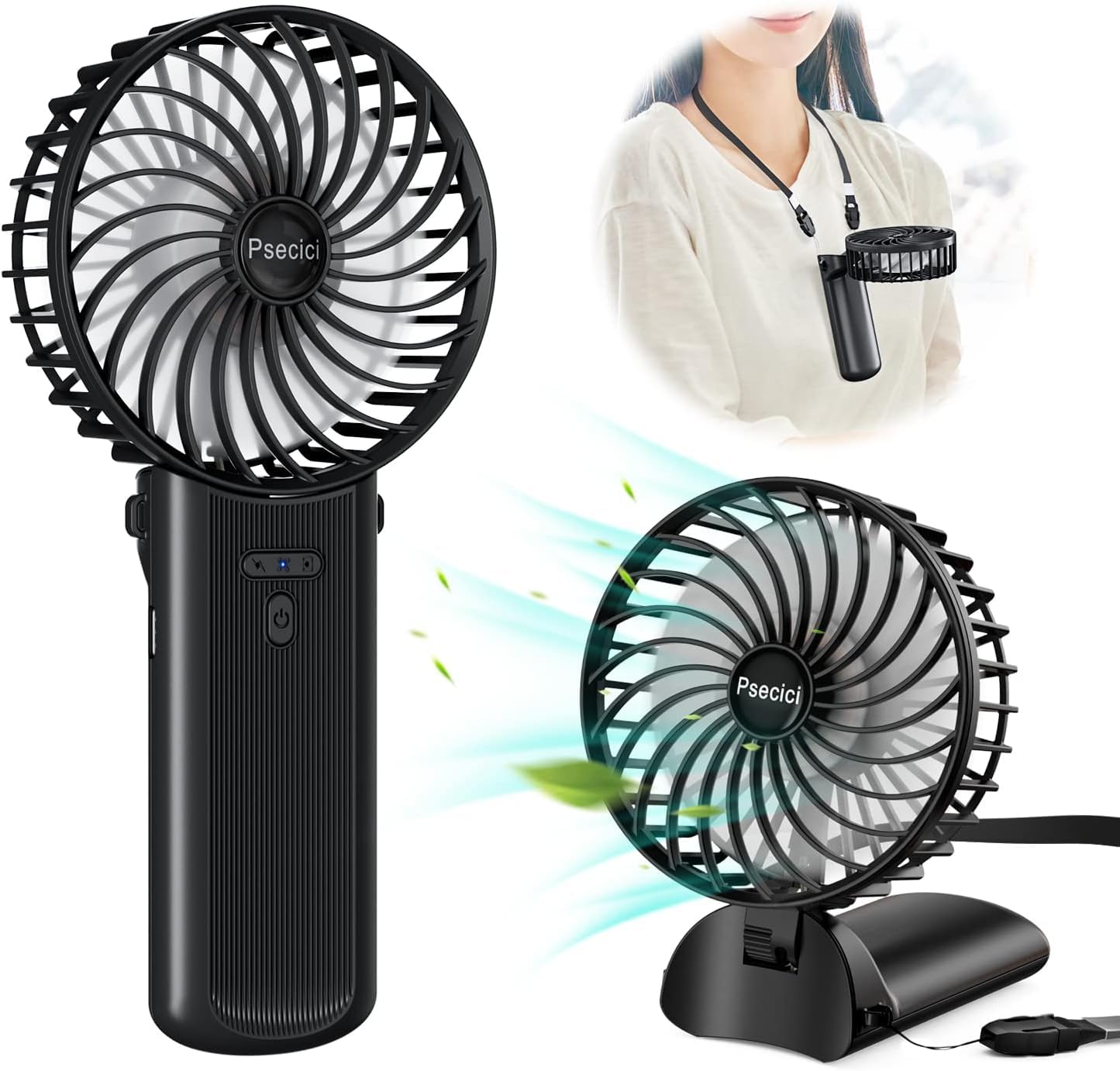 

Psecici Portable Handheld Rechargeable USB 4 Speed 7 Neck Mini Heatstroke with Strap Fan, Fan, Compact, Quiet, Settings, Blades, Handheld, Desktop, чорний