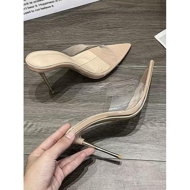 Sandals Women's Summer New Temperament Women's Shoes Pointed Open-toed Transparent Word with Stiletto High Heel Cool Shoes