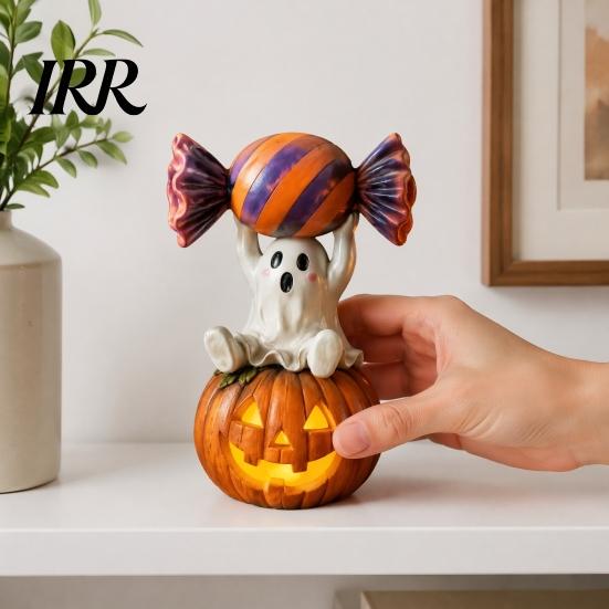 Cute Pumpkin Decor Halloween Ghost Figurine, Sitting on Holding Candy Fall Seasonal Accents Statue, Spooky Resin Table Ornament for Indoor Mantle