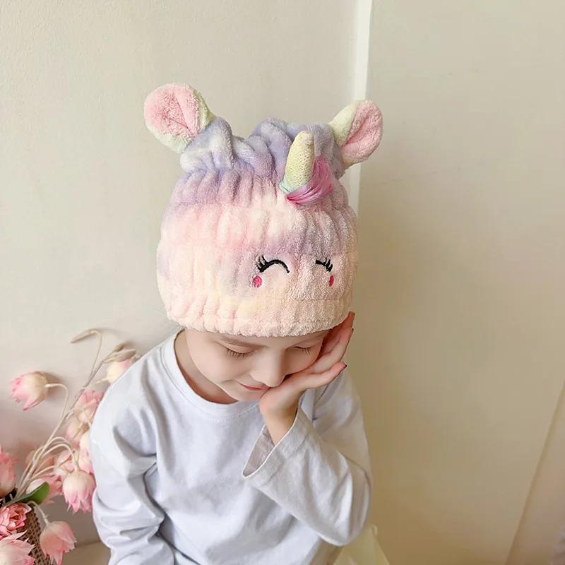 Cute Animal Hair Dry Hat Towel Quick Dry Shower Cap Strong Absorbing Drying Soft Cartoon Duck Rabbit Unicorn Children Hair Hat for daily use