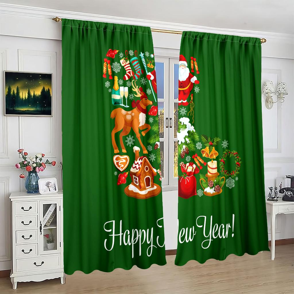 2 kusy - Vánoční dekorace Santa Claus tištěný závěs - Polyesterový materiál - vhodný do ložnice, obývacího pokoje, pracovny