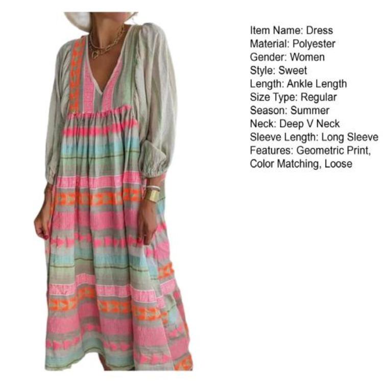 Bohemian Spring Summer Women Casual Dress Geometric Print Maxi Dress with V Neck Lantern Sleeves Loose Female Clothes