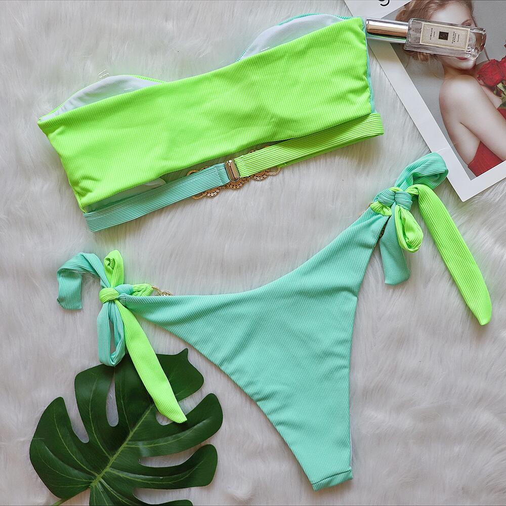 Sexy Crystal Diamond Bikini Swimwear Stitching Strapless Strap Split Swimsuit