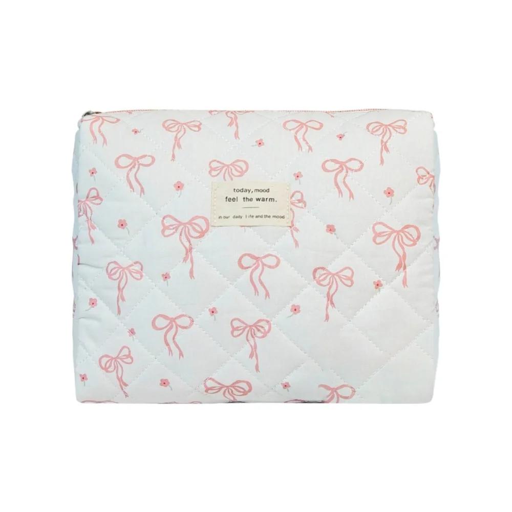 Fashion Korean Style Cosmetic Bag Multi-size Zipper Travel Storage Bags Pink Bow Plaid Makeup Quilted Bag for Women Girls