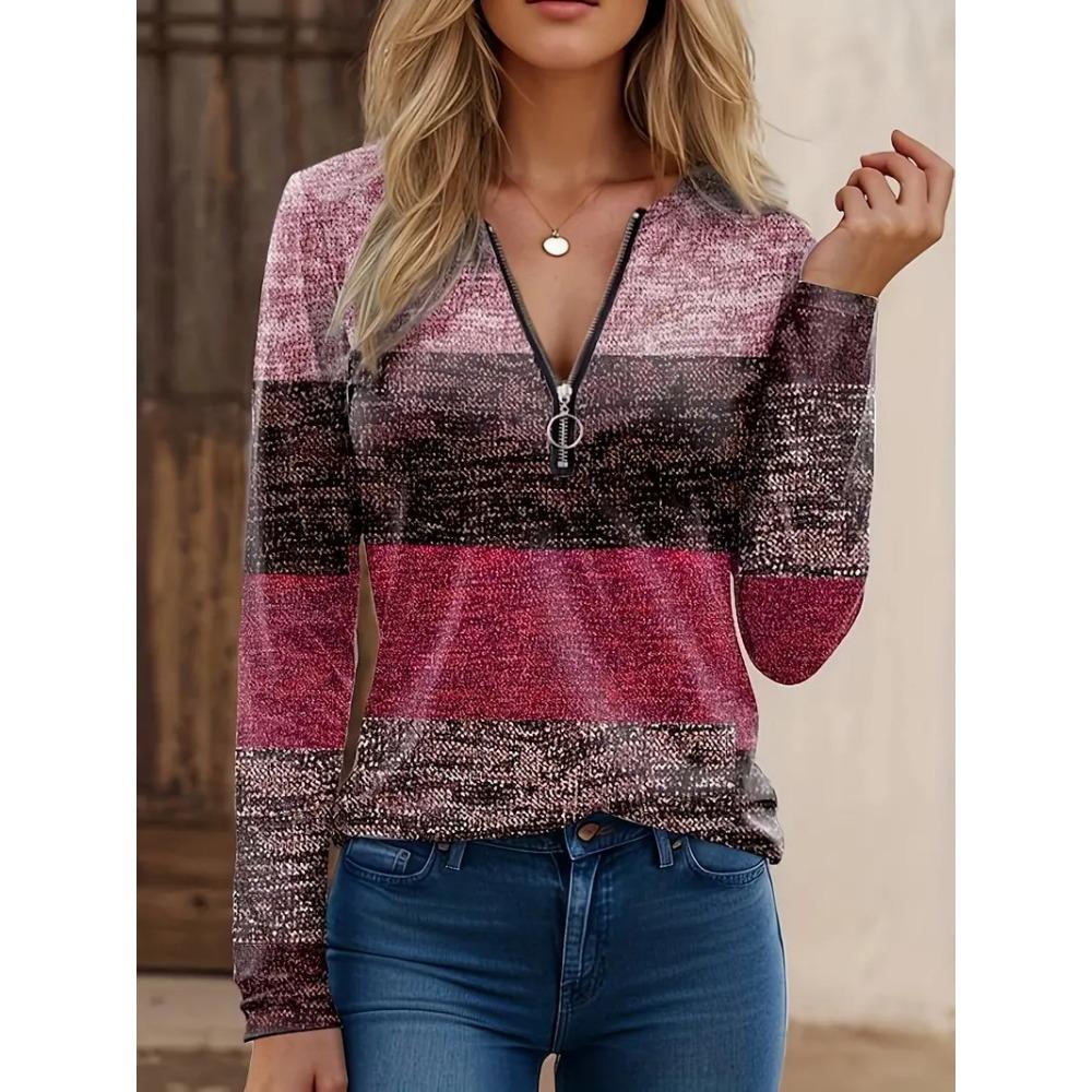 Women's Polo Shirt Striped Print Front Shoulder Long Sleeve Round Neck Loose Top