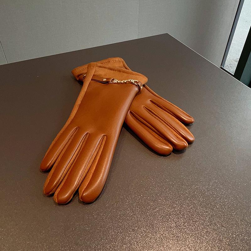 Luxury Protein Leather Fleece Lined Women'S Gloves Winter Cycling Windproof Keep Warm Elegant Touchscreen Gloves