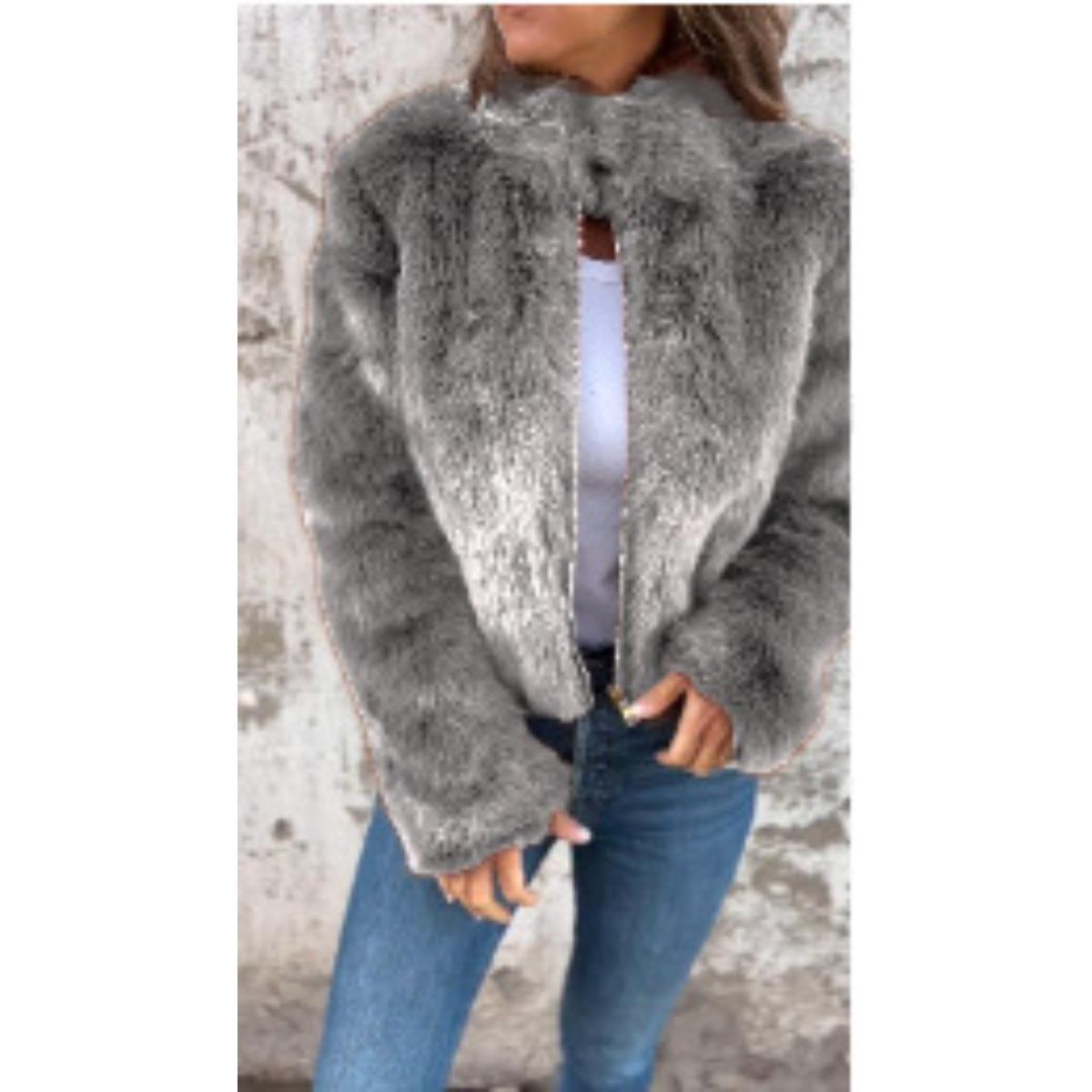 

2025 New Autumn Winter Women s Faux Fur High Neck Zip Casual Coat Outerwear for Amazon Europe America 5XL сірий колір