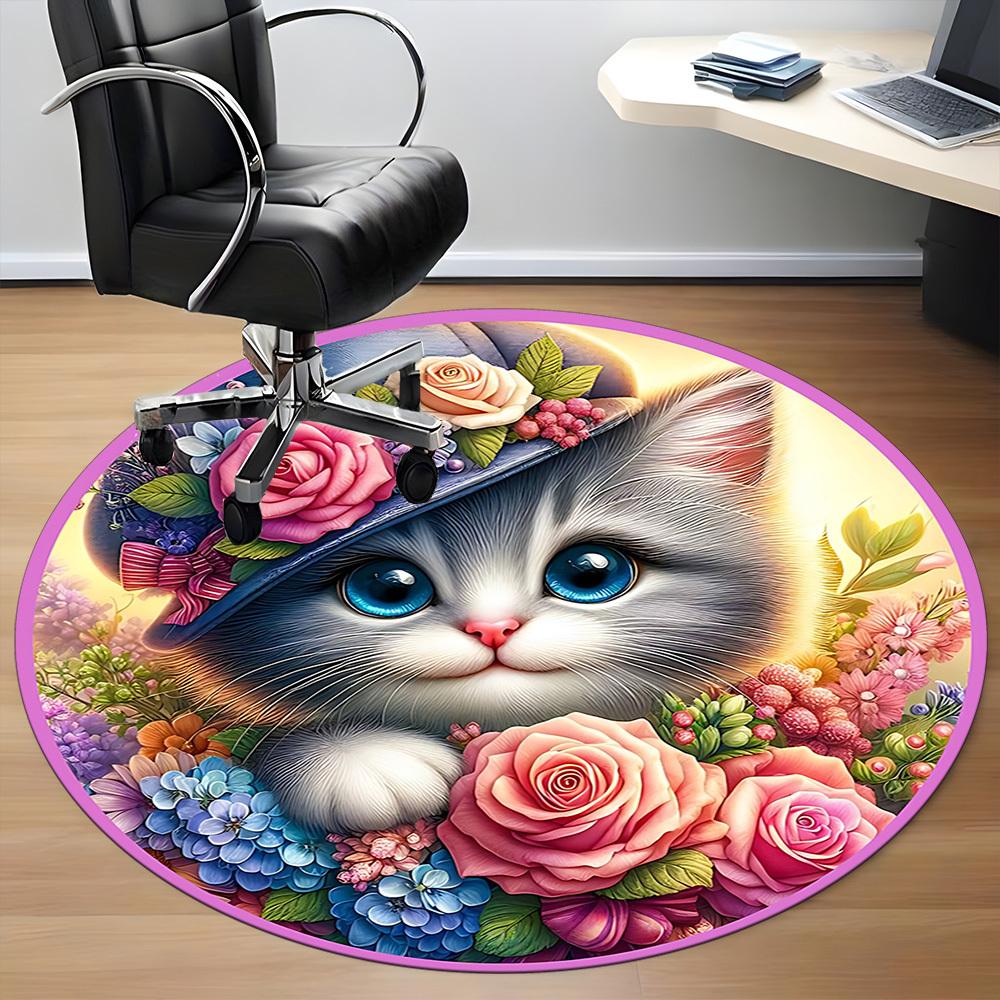 1pc Floral Cat Hat Chair Carpet for Office, Round Polyester Mat, Indoor Decor for Office, Easycare Fabric, Washable Non-slip Area Carpet