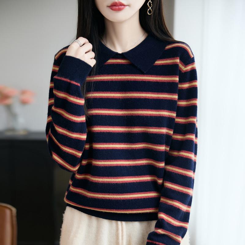 Women's Striped Knit Polo Sweater - 100% Pure Wool, Autumn/Winter Fashion, Loose Lapel Design