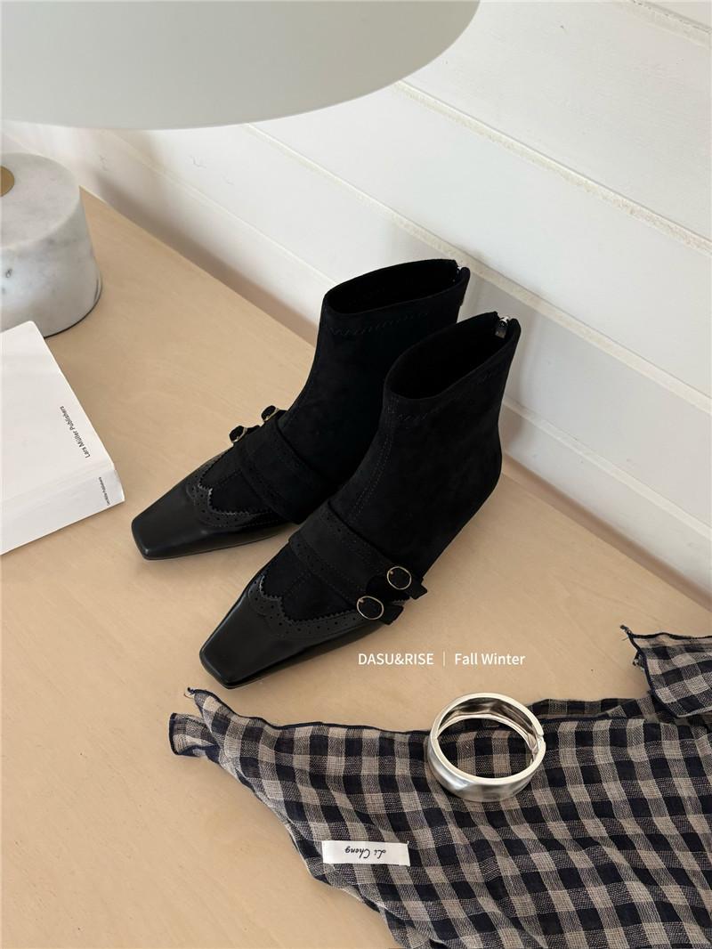 Low Heel Splicing Suede Square Head Short Boots Women S Autumn And Winter Skinny Boots Belt Buckle Brock Short Boots 35 6990₽