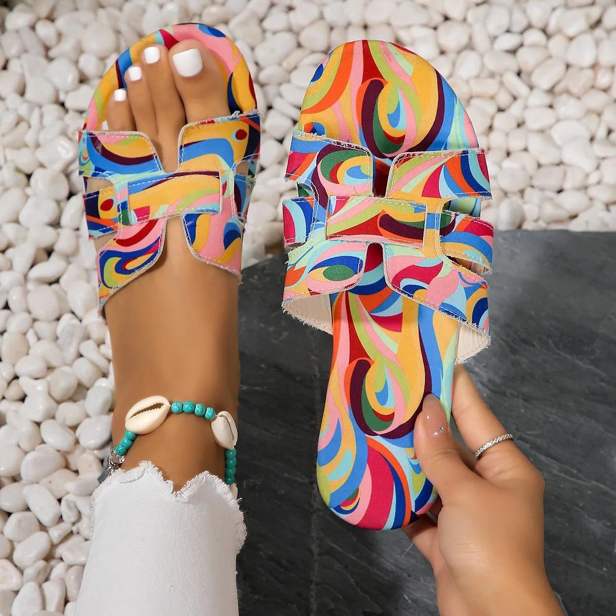 

мода 2024 летние тапочки для женщин на открытом воздухе на плоской подошве новые цветные тапочки женские сандалии слипоны 42