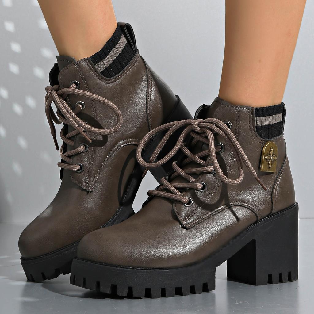 Women Boots Retro Round Toe Chunky Heels Ankle Boots Autumn New High Heels Shoes Woman Lace Up Platform Fur Big Size Short Boots