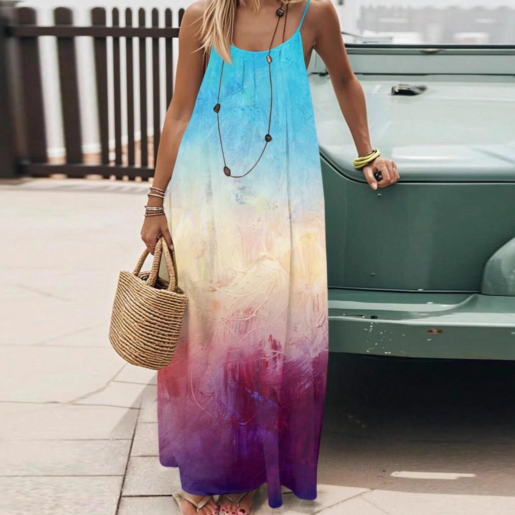 Dámské Módní Ležérní Volné Šaty s Květinovým Potiskem a Úzkými Ramínky Bez Zad