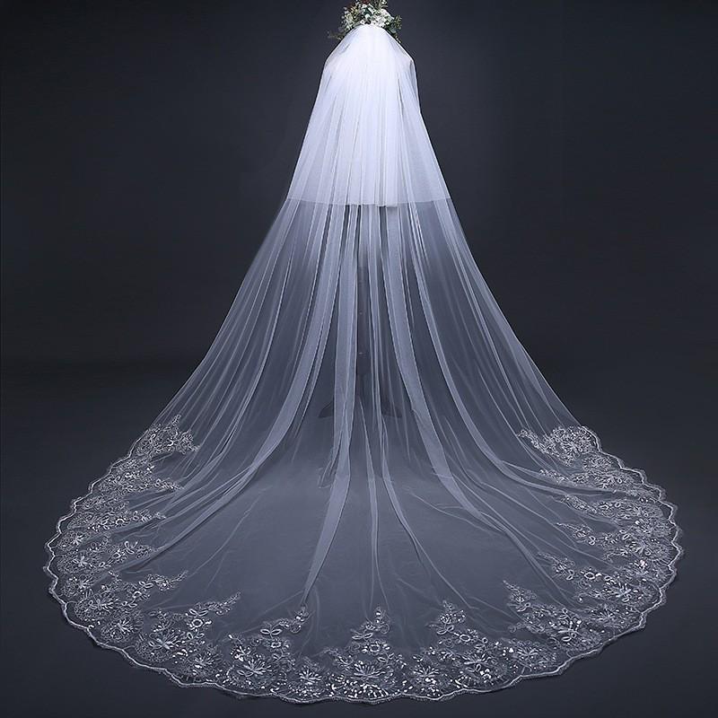 European Style Sequin Lace Long Train Bridal Veil with Blusher