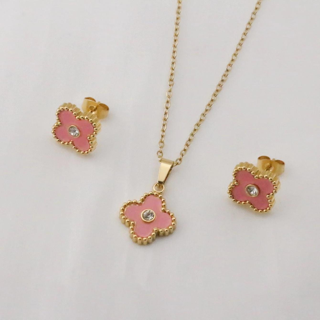 

2 шт. ракушка клевера из нержавеющей стали с бриллиантовым колье и серьгами розовый