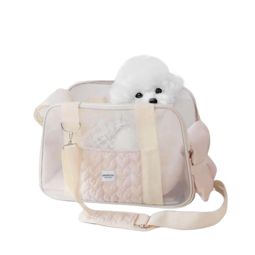 Fudia Dog Cat Pet Carrier Pink Heart Cushion Bottom Plate Foldable Lead for Outings One Size Fits [Fully Meshed, Breathable, Cute, Embroidery,