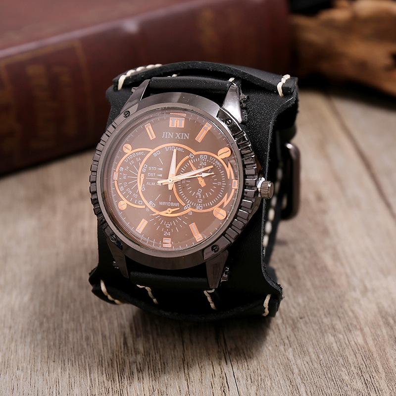European and American Punk Jewelry Exaggerated Men s Leather Bangle Retro Handmade Stitched Cowhide Quartz Watch чёрный