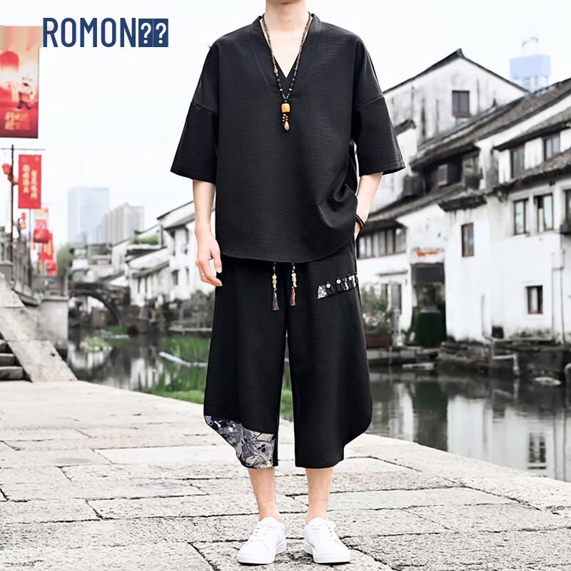 

ROMON Men s New Chinese Style Short Sleeve Shirt Set 2XL