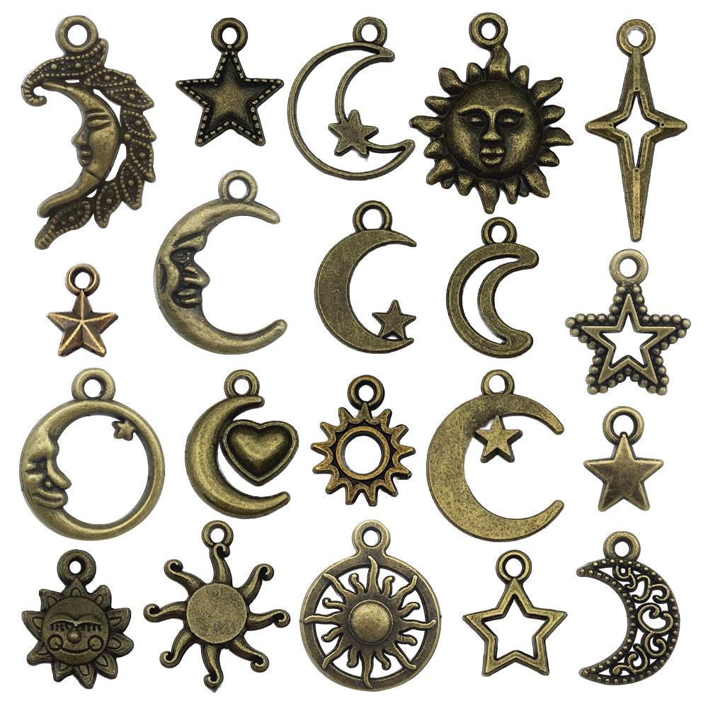 Handmade Antique Gold Sun, Moon & Star Charms for DIY Jewelry – Bracelets, Necklaces, Earrings (Set of 5 Colors)