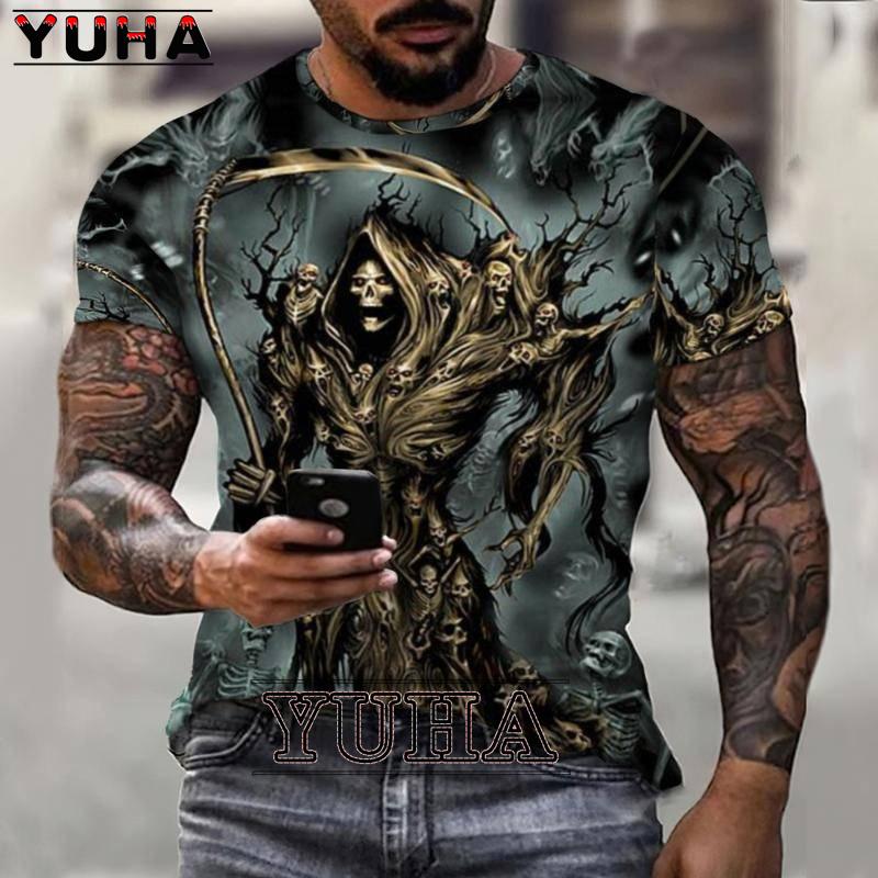 Skull Reaper Pattern T-shirt 3D Men's Street Printing Horror Series T-shirt Summer Fashion Fun Men's Plus Size T-shirt
