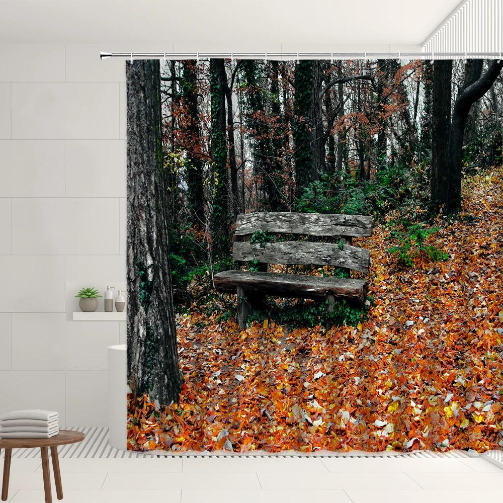 Autumn Mist Forest Scenery Shower Curtains Set Garden Plant Fallen Leaves Birds Home Bathroom Bathtub Decor Screens With Hooks
