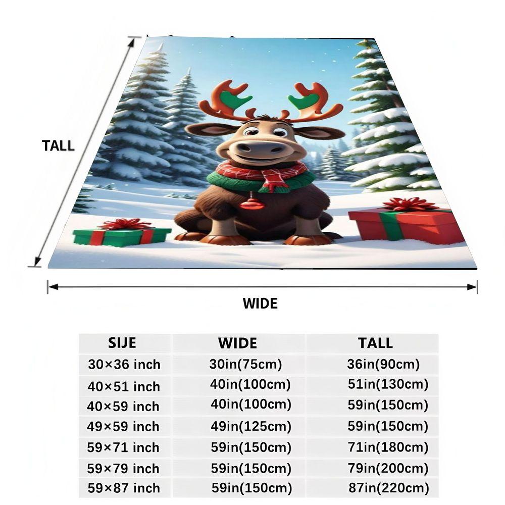 Cheerful Cartoon Reindeer Winter Holiday Throw Blanket - Cozy Faux Fur Blanket Featuring Friendly Reindeer with Green Accented A