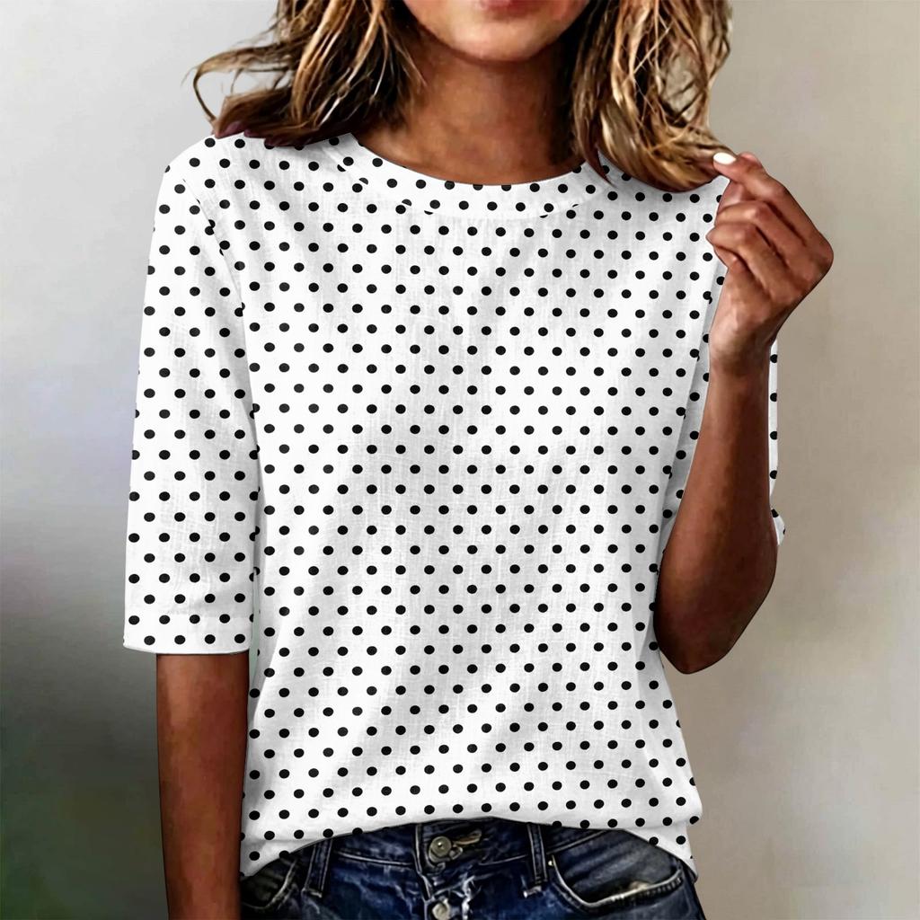 Women's Casual Loose Fit Short Sleeve Top Round Neck Lightweight Comfortable Soft Fabric Polka Dot Pattern Everyday Wear