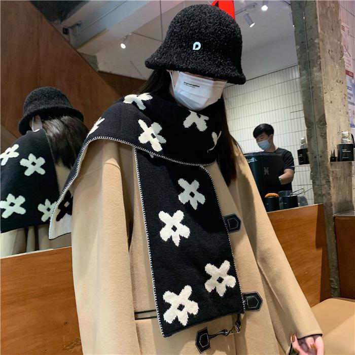 Versatile Double-sided Flower Knitted Scarf Women's Autumn and Winter New Warm Student Scarf Trendy Wool Shawl