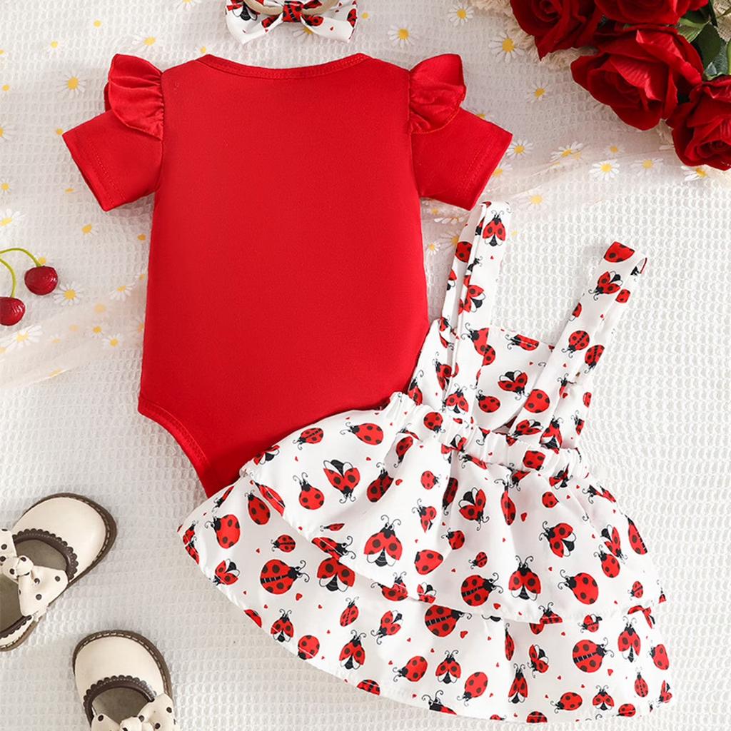 Baby Girls Short Sleeve Bodysuit Dress Suspender Dress Set with Cartoon Print Headband and Bowknot Three Piece Outfit for Infants Toddlers