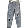 Summer Women's Fashion Ripped Jeans New Loose High Waist Jeans Beads Rhinestones Harem Pants Female Street Holes Denim Trousers