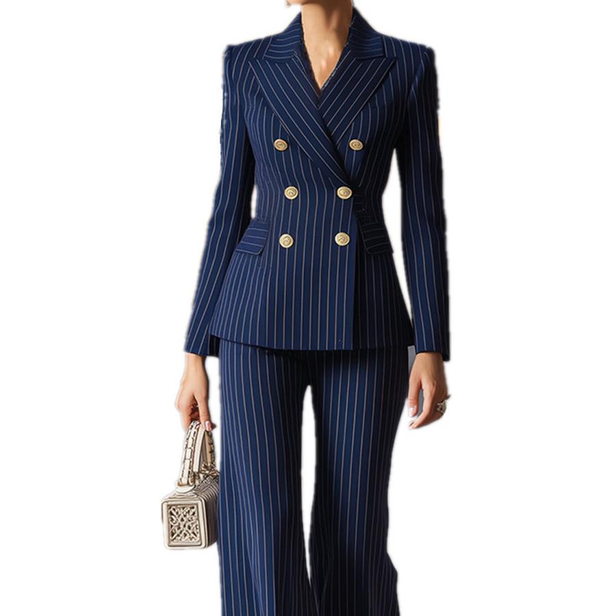 Autumn Hot Sale Temperamental Commute Slim Fit Color Block Long Sleeve Suit Pants Set Women's Clothing