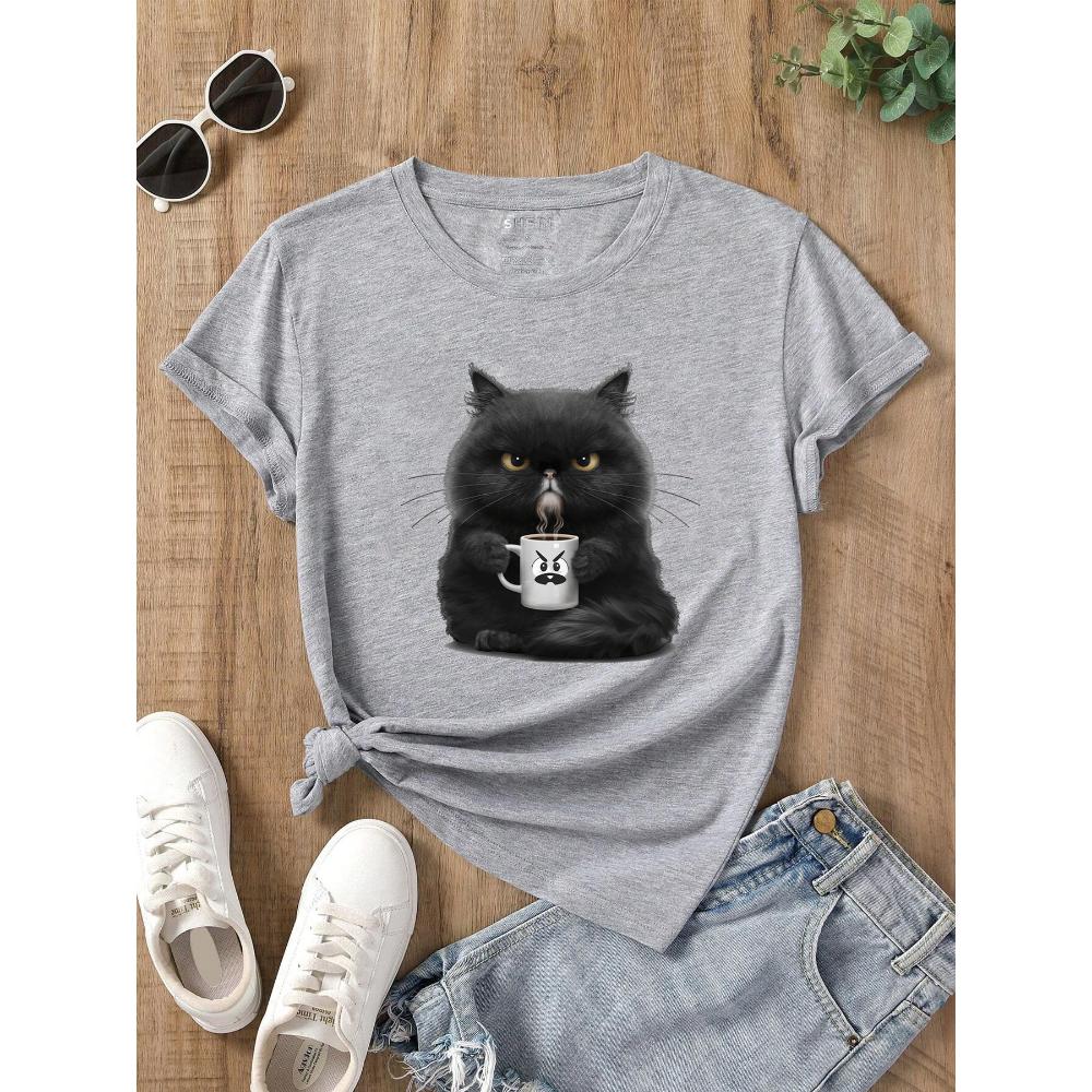 Cute Coffee Drinking Cat Women's T-shirt Summer Fashion Short-sleeved Casual Women's Clothing