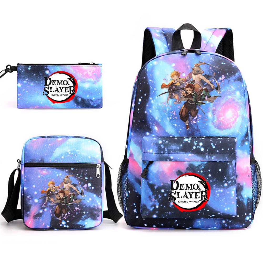 3Pcs/set Anime Demon Slayer Printed Backpack with Shoulder Bag Pencil Case for Teenager Student Boy Girl Large Capacity Waterproof Schoolbag