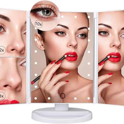 Makeup Mirror with 22 LED Lights, Touch Screen, Triple Magnification 2X 3X Magnification, 180° Free Rotation, Dual Power Supply (White)