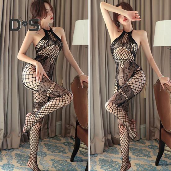 Frauen Sex Jumpsuit Aushöhlen Durchsichtiges Netz Schulterfrei Schrittlos Hohe Elastizität Dünn Dünner Neckholder Lady Hochzeitsnacht Jumpsuit