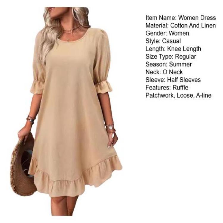 Summer Loose A-line Midi Dress for Women Solid Color Big Swing Ruffle Patchwork O Neck Pullover Knee Length Mid Sleeves Dress