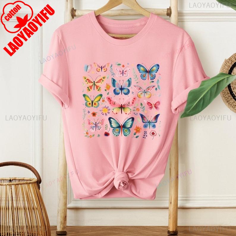 Cute Butterflies Pattern Wildflowers Butterfly Boho Botanical Cottagecore Floral Shirt Nature Lover Fern Printed Tshirt Tops S