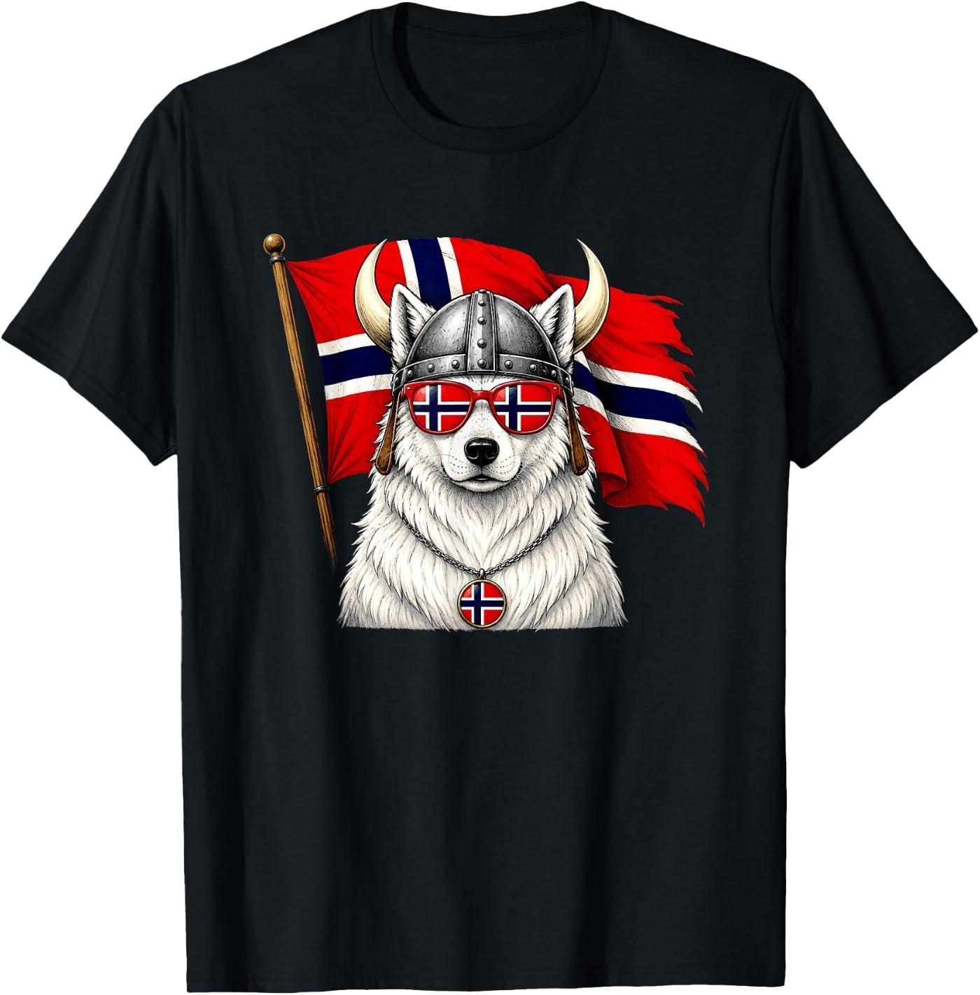 Norway Flag Norge Fan Cool White Dog Norwegian Pride T-Shirt XL