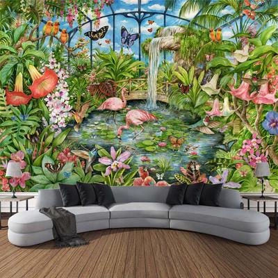 Tapisserie murale à fleurs végétales, bohème, psychédélique, animal tropical, imprimé flamant rose, grande tapisserie esthétique, décoration de la maison