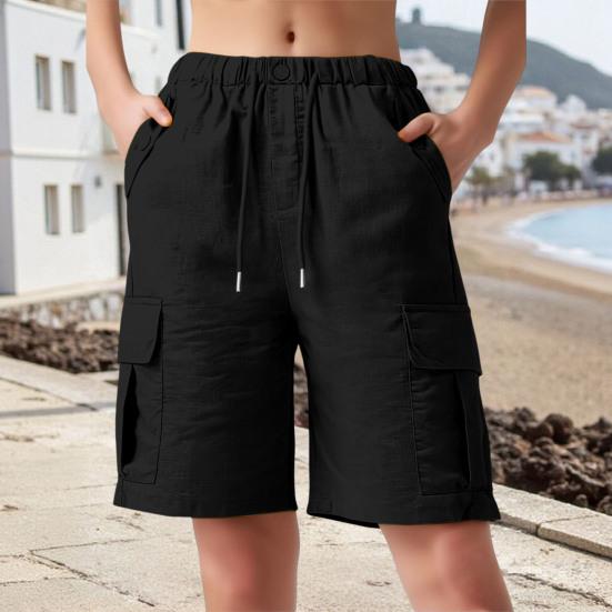 Women Cargo Shorts Drawstring Design High Waisted Loose Fit Hiking Shorts with Functional Deep Pockets Outdoor Activities Casual
