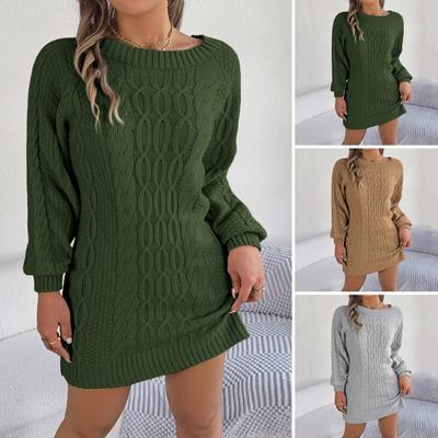Winter Sweater Dress Knit Elastic Thick Round Neck Long Sleeves Solid Color