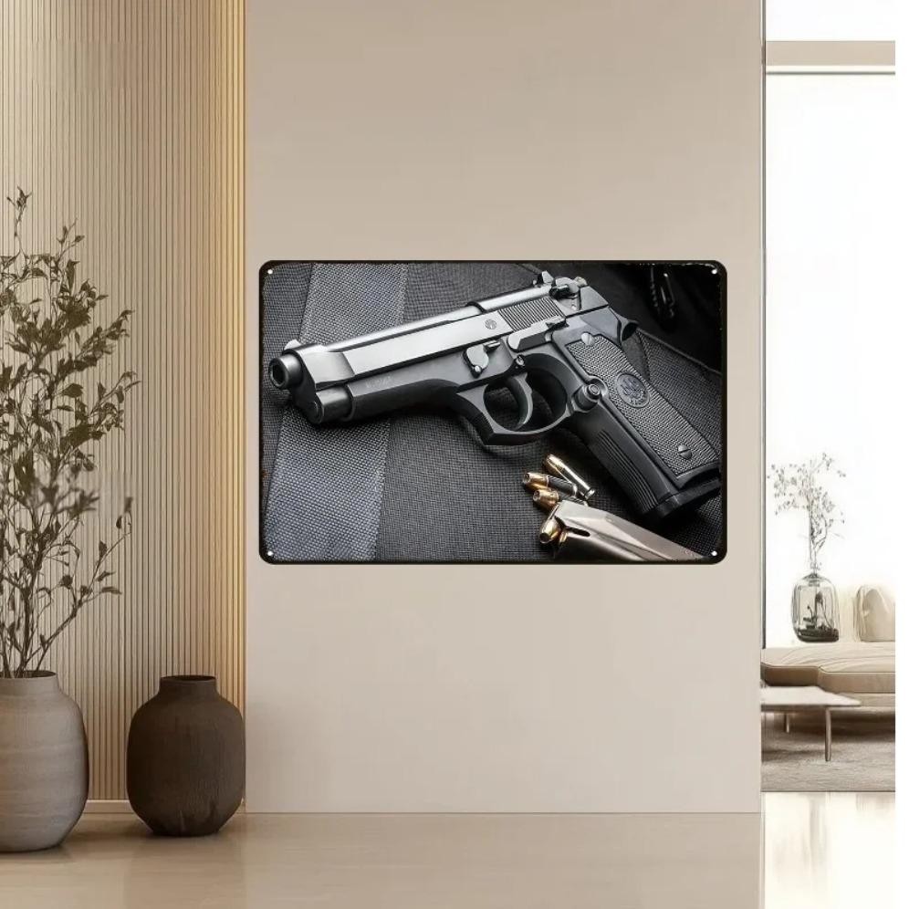 Vintage Handgun Metal Tin Sign 12x8 inch Retro Wall Art for Home Bar Garage Decor