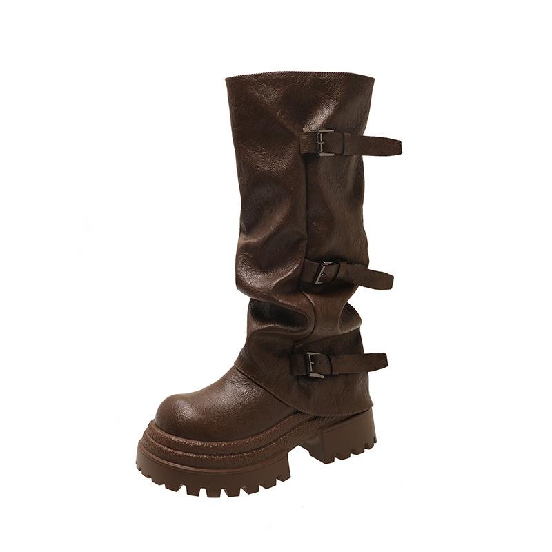 Niche retro round head thick heel medium and high boots 2025 autumn and winter western cowboy pile boots knight boots French women's boots