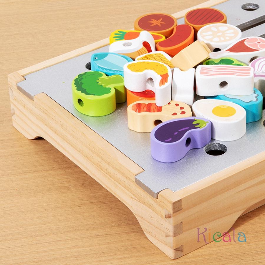 Wooden BBQ Play Food Set Kids Grill Playset Kitchen Pretend Play Toys Children Role-playing Game For Toddlers Age 3+