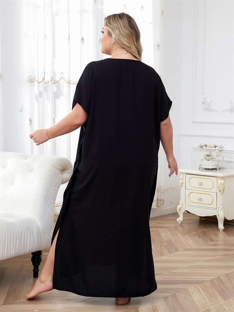 EDOLYNSA Schickes, lockeres Robenkleid im ethnischen Stil mit Stickereien 2024 für Damen, schwarzer V-Ausschnitt, Fledermausärmel, Kaftan, Urlaub, Strand, Bademode, Cover Up Q1688