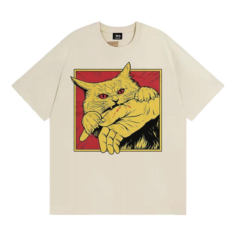 Angry Cat Biting Hand Funny Meme Tee Shirt Unisex Fashion Vintage Oversized T Shirt Men Summer Tops High Quality Cotton Tshirts
