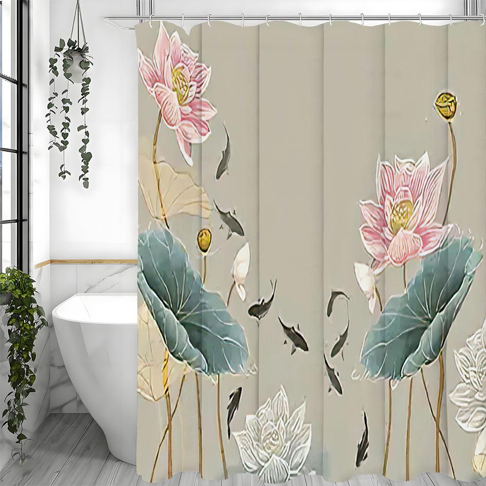 Chinese Ink Painting Lotus Flower Lotus Leaf Fish Shower Curtain, Bathroom Decorative Shower Curtain, Waterproof Shower Curtain
